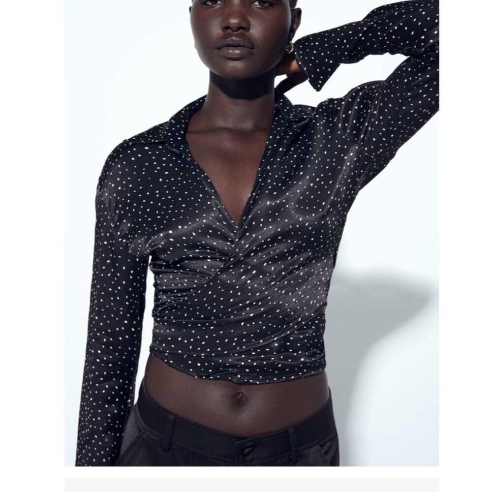 NWOT Zara black and white polka dot satin wrap top
